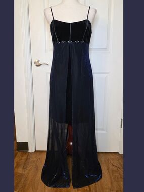 VTG 90s Blondie Nites by Jaslene Gothic Black Velvet & Shimmer Blue Formal Dress